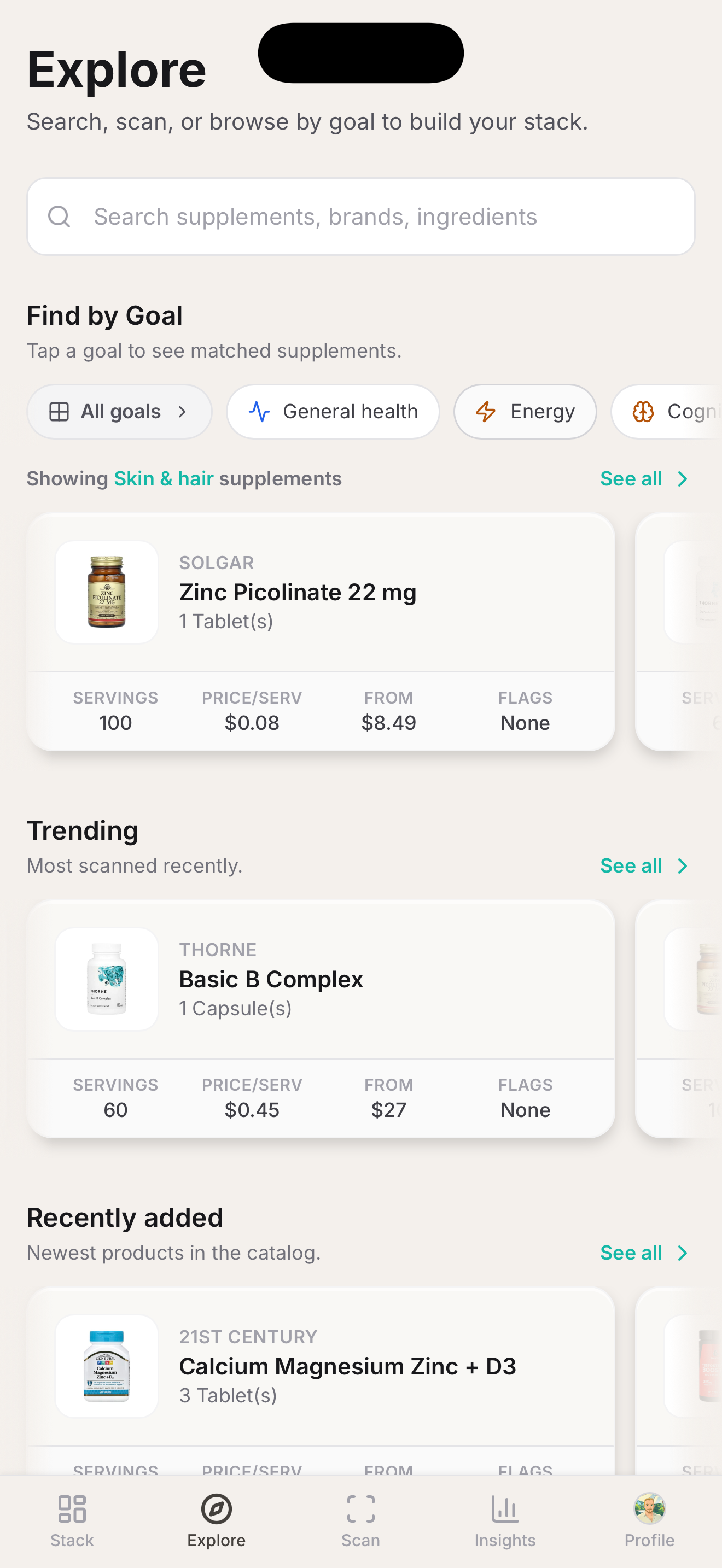 Explore page with trending supplements and goal filters