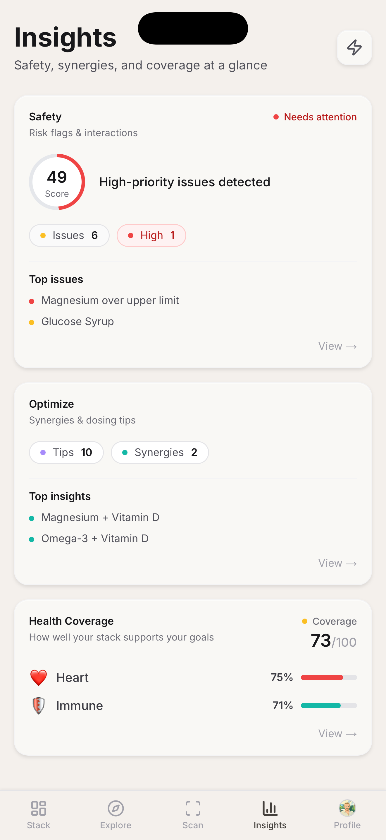 Insights showing safety score, optimization tips, and coverage