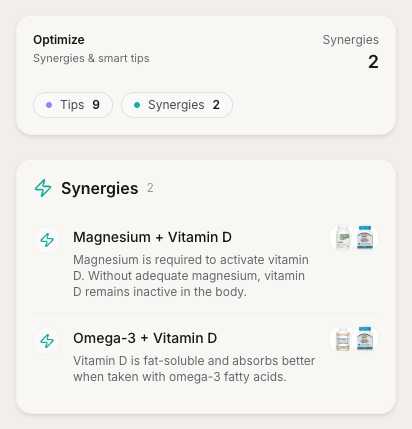 Optimize insights preview showing synergies and tips